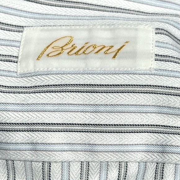 BRIONI WHITE WITH BLUE, BLACK & GRAY STRIPES DRESS SHIRT - Picture 7 of 11